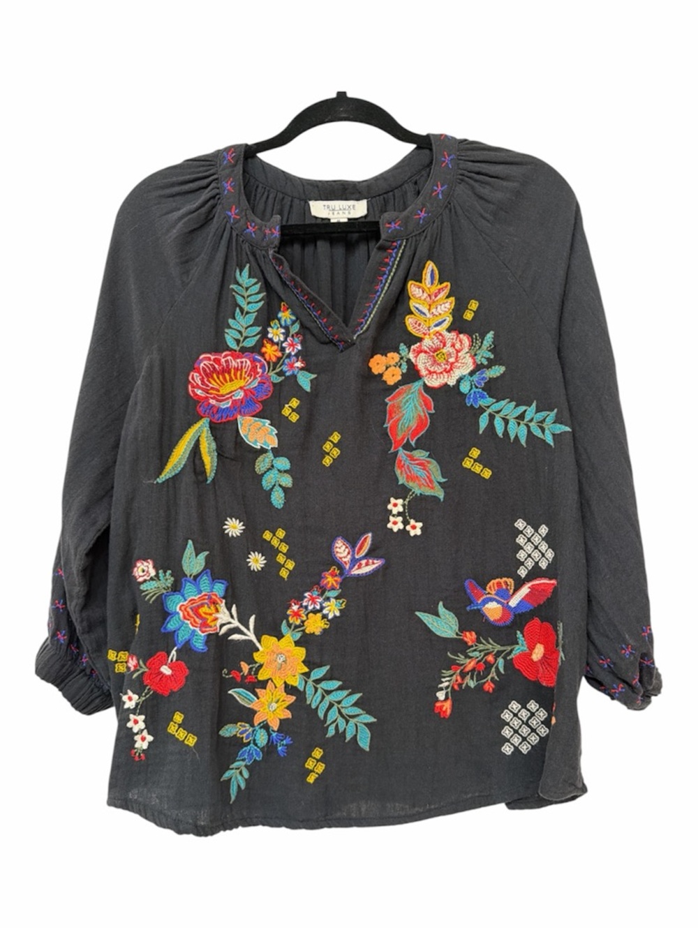 Tru Luxe Black Embroidered Multicolor Floral Top